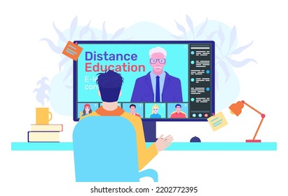 Teacher teaches online student at computer. Old man teacher on monitor screen. Class of diverse students remotely studying online using web app. E-learning concept. Distance education. Flat Vector