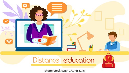 
Teacher Teaches Online Student. Woman Teacher On Monitor Screen. E-learning Concept. Distance Education. . Flat Vector Illustration