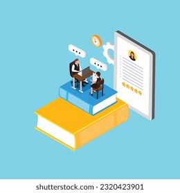 A teacher teaches student on a stack of books isometric 3d vector illustration concept for banner, website, illustration, landing page, flyer, etc