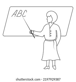 The teacher teaches students the alphabet. Sketch. A woman points with a pointer at the letters ABC written on the chalkboard. Vector illustration. School theme. Coloring book. Doodle style. 