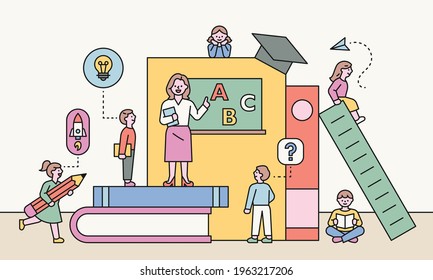 A teacher teaches students in a classroom made of huge books. flat design style minimal vector illustration.