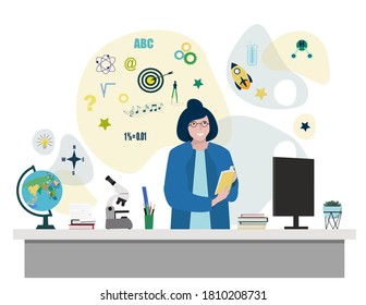 Teacher teaches students in the classroom, reads a book, world book day, school education, stationery.  Vector illustration.