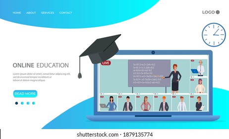 A teacher teaches students via video conference.The concept of learning from home, getting home education via the Internet.The teleconferencing system during the epidemic of the coronavirus COVID19.