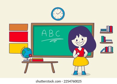 Teacher teaching ABC in classroom, vector cartoon