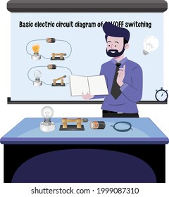 teacher teaching basic electric circuits, Parallel circuit, Series circuit, flat design illustration, Kirchhoff voltage law, Kirchhoff current law, simple electric circuit 