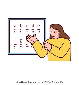 A teacher is teaching the Braille alphabet on the board. Cute style illustration with outlines.