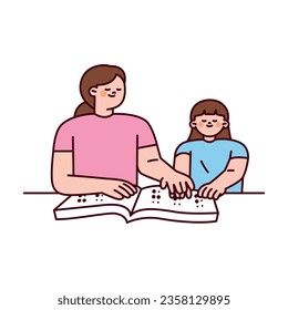 A teacher is teaching Braille to a child. They are putting their fingers on the book together. Cute style illustration with outlines.