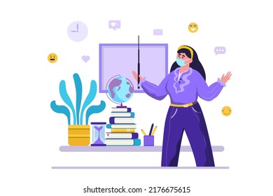 The teacher is teaching by pointing to the board. The concept of this image is A sign of education, knowledge, teaching, a quality school will develop people to be better than before.