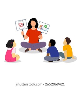 Teacher teaching children about phone use and books.