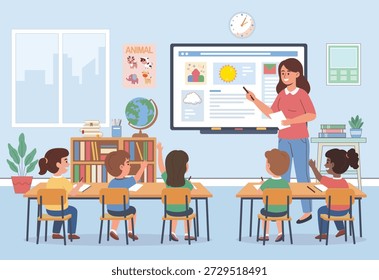 Maestro que enseña a los niños en el aula con la ilustración interactiva del Tablero digital