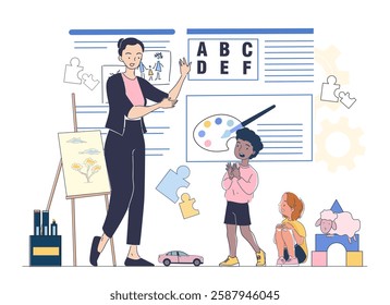 A teacher is teaching children in a creative classroom with various educational and artistic elements, including puzzles, painting, and storytelling. Vector illustration