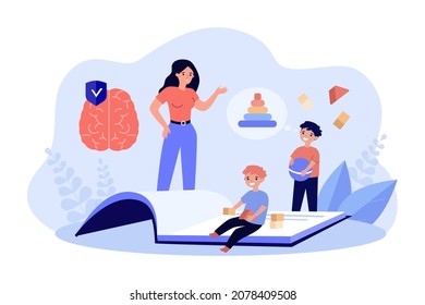 Teacher teaching children educational games. Tiny boy and girl playing with cubes and pyramid flat vector illustration. Kindergarten, education concept for banner, website design or landing web page