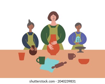 Teacher teaching children in pottery class, woman showing how to make clay pots. Mom and kids on masterclass. Handmade objects, hobby and fun leisure, activities and lifestyle. Hand drawn vector 