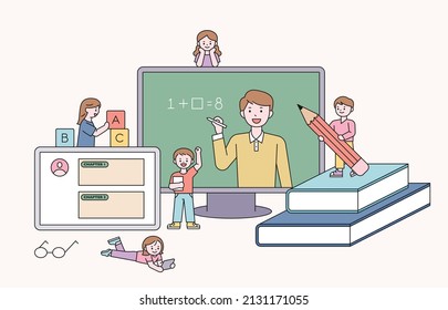 A teacher is teaching a class on a large monitor. Cute students are studying around the monitor. flat design style vector illustration.