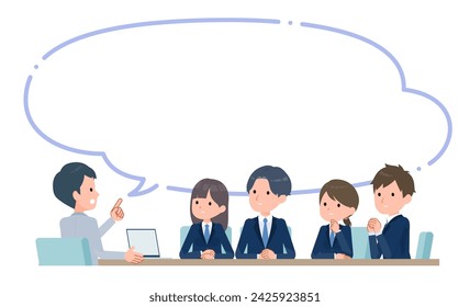 Teacher teaching class to students, serious, with speech bubble