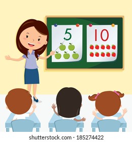 Teacher teaching in the class. Vector illustration of a cheerful teacher having lesson with school kids.