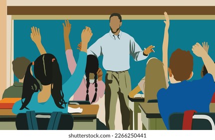 A teacher teaching in front of a class group of school students seen from behind. Educational professional person at work