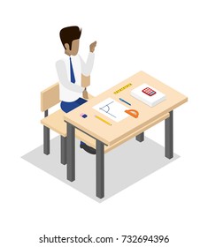 Teacher teaching geometry at your workplace isometric 3D icon. Young man sitting at table, student studying in audience vector illustration.