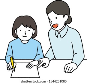 Teacher teaching girl to study