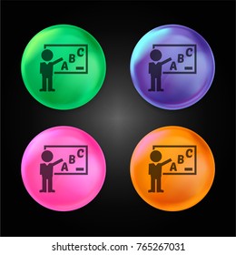 Teacher teaching Grammar class on a whiteboard crystal ball design icon in green - blue - pink and orange.