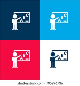 Teacher teaching Grammar class on a whiteboard four color material and minimal icon logo set in red and blue