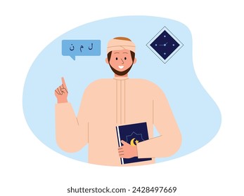 The teacher is teaching the hijaiyah letters according to the pronunciation, Muslim vector illustration.