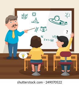 The teacher teaching his students in the classroom illustration, vector