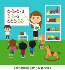 Teacher teaching kids in kindergarten. Vector preschool educational concept