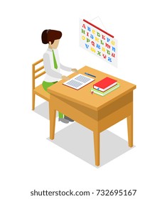 Teacher teaching language at your workplace isometric 3D icon. Young woman sitting at table, student studying in audience vector illustration.