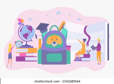 The teacher is teaching a lesson. Back to school, first day of school and new school year, concept of education and classroom, school backpack. Colorful vector illustration