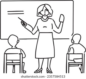 A teacher teaching a lesson in a classroom and the students receiving education from him. In vector drawing style.