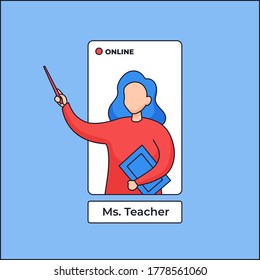 Teacher teaching the lesson out of mobile screen vector illustration. digital online school modern education outline flat design