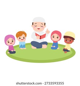 Um professor ensinando crianças muçulmanas sentadas no chão