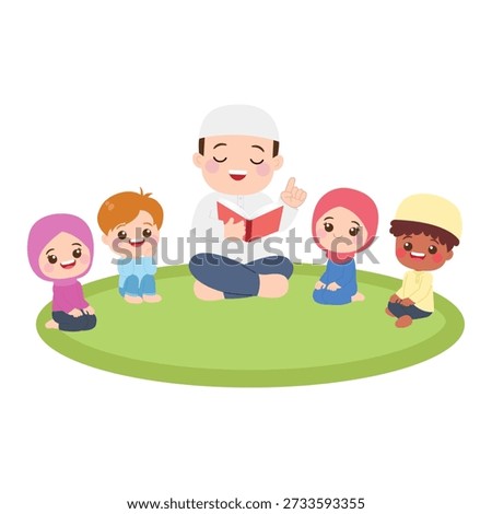 A teacher teaching to Moslem kids while sitting on the floor