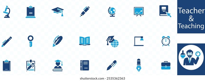 teacher  teaching Online education icon set. Containing video tuition, e-learning, online course, audio course, educational website and digital education icons. Solid icon