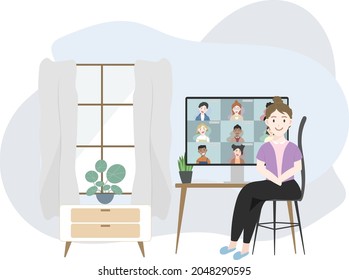 A teacher teaching online at home at a computer desk next to the window. Computer screen showing children online learning., isolated on white background ,  Flat cartoon flat style. illustration Vector