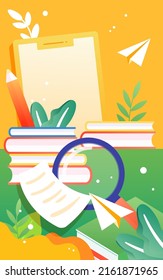 Teacher teaching online in mobile phone with books and papers in background, vector illustration