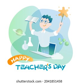 El profesor está enseñando en línea. Aprendizaje remoto con elementos educativos y portátiles. Un saludo para el día del profesor. 