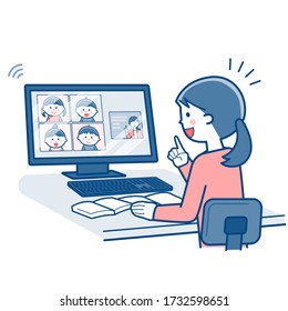 Teacher teaching online using a computer / Two colors