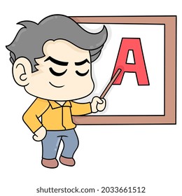 the teacher is teaching to read the letter a, vector illustration art. doodle icon image kawaii.