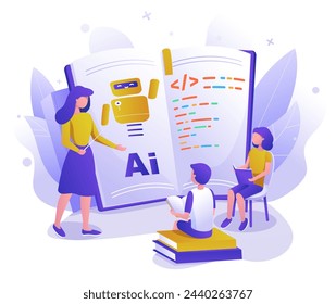 Teacher teaching school children providing IT education vector illustration. AI technology learning process for pupils. Artificial intelligence studying and innovative knowledge for kids