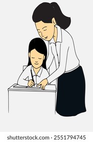 Una maestra está enseñando a los niños de la escuela a escribir, la madre enseña a su hijo. Vector e ilustración