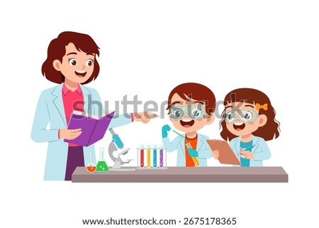 Teacher Teaching Science Experiment to Cheerful Students in Laboratory Illustration