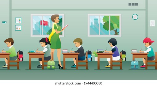 The teacher is teaching the students in the classroom.