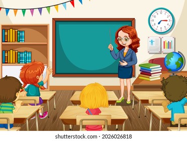 Teacher teaching students in the classroom scene illustration