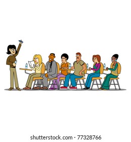 Teacher teaching students of different ethnic religions, races and backgrounds.