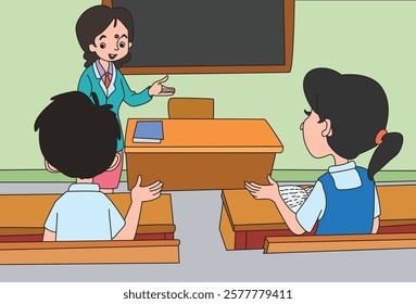 A teacher teaching and students learning