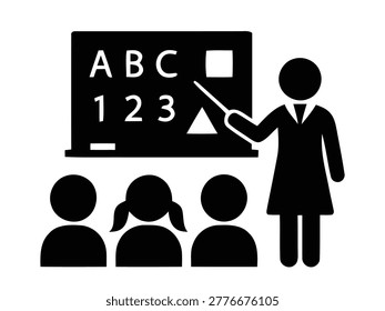 Teacher teaching students vector icon in simple silhouette style with board letters numbers and shapes ideal for classroom education learning and school activity concepts.