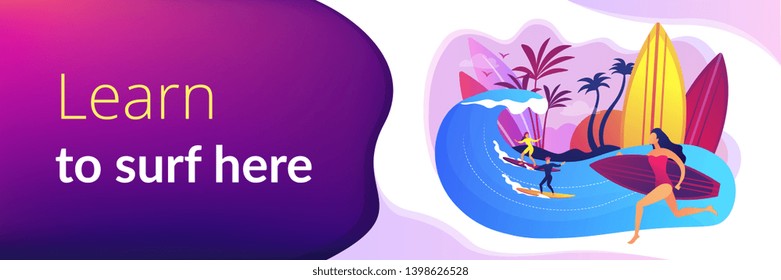 Teacher teaching surfing, riding a wave on the surfboard in ocean, tiny people. Surfing school, surf spot area, learn to surf here concept. Header or footer banner template with copy space.