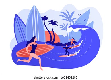 Teacher teaching surfing, riding a wave on the surfboard in ocean, tiny people. Surfing school, surf spot area, learn to surf here concept. Pinkish coral bluevector isolated illustration